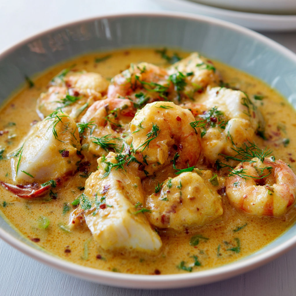Un délicieux plat de poisson blanc au lait de coco et curry doux, décoré d’aneth et de légumes.