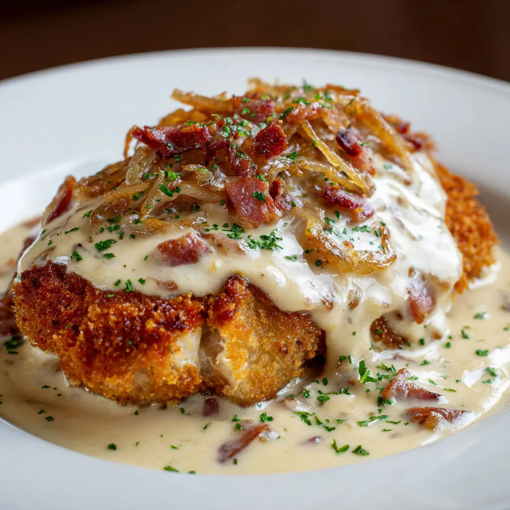 Une escalope nappée de sauce, parsemée d’herbes et lardons