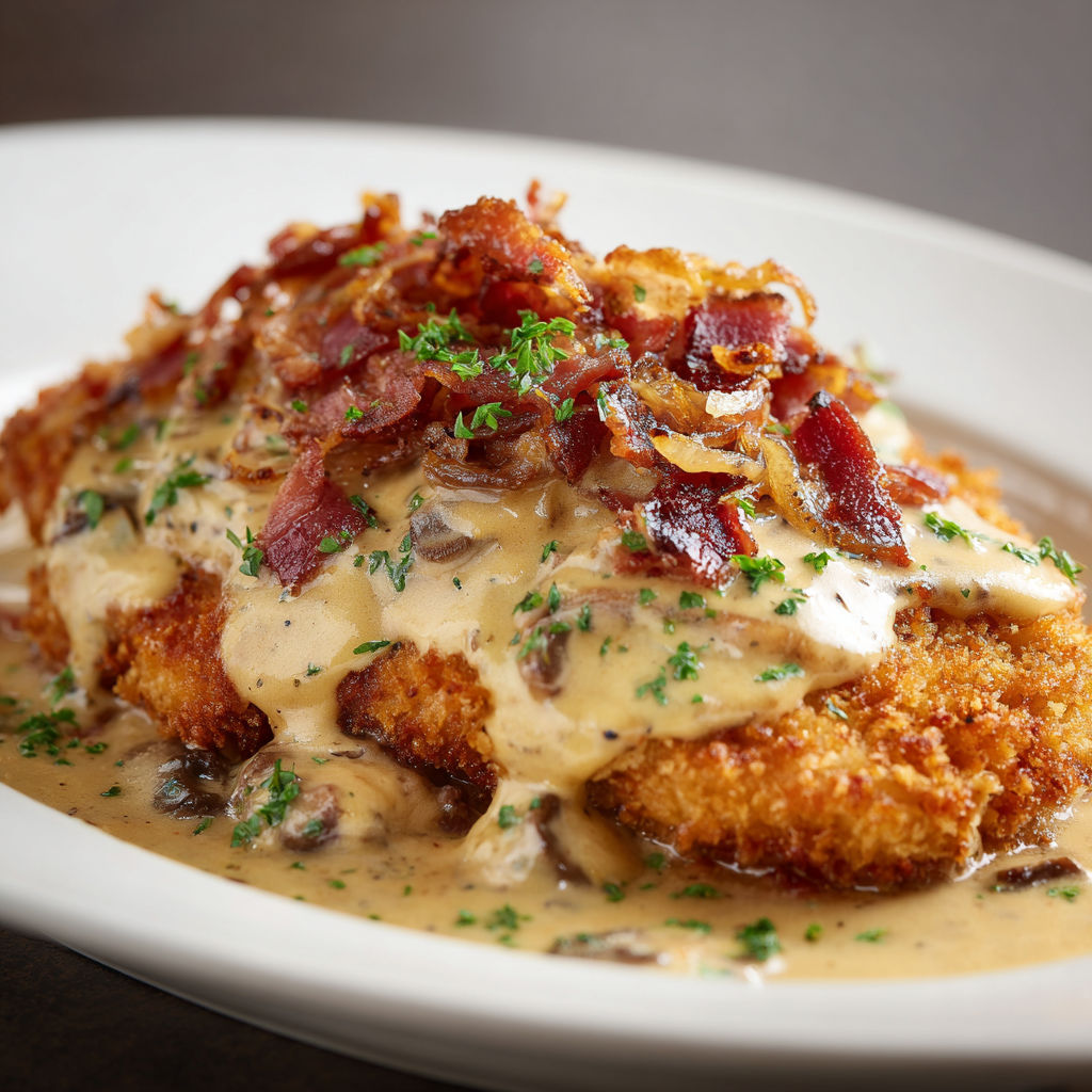 Escalope nappée de sauce et lardons, avec quelques champignons