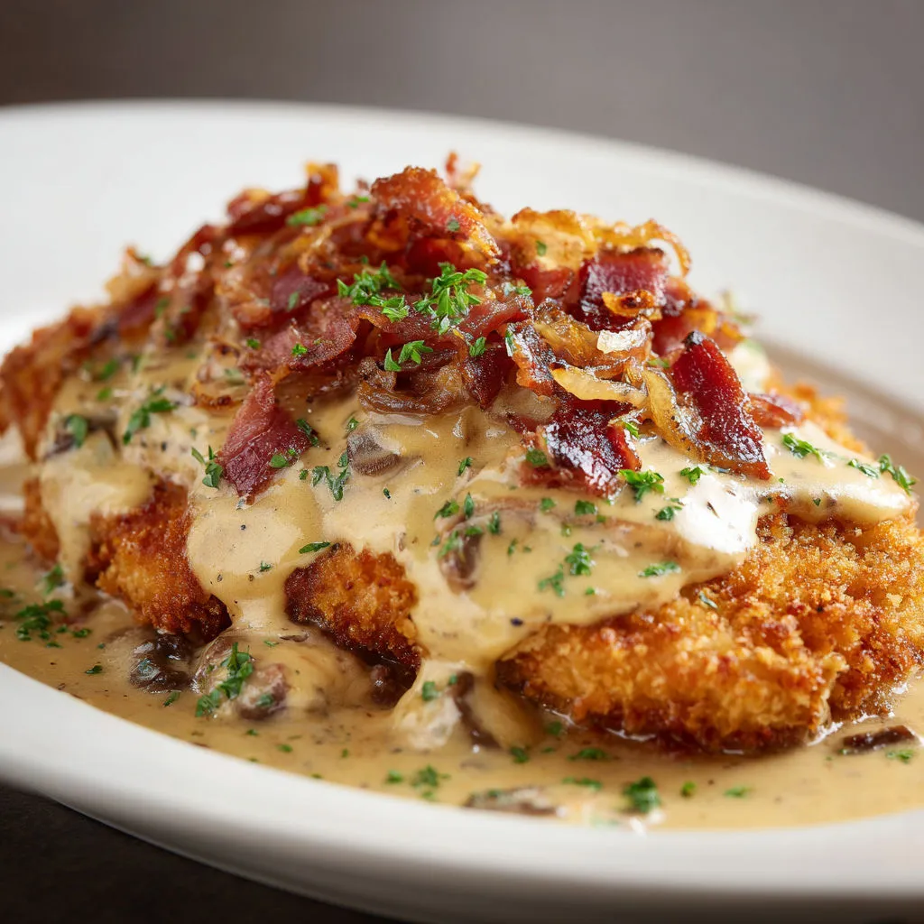 Escalope nappée de sauce et lardons, avec quelques champignons