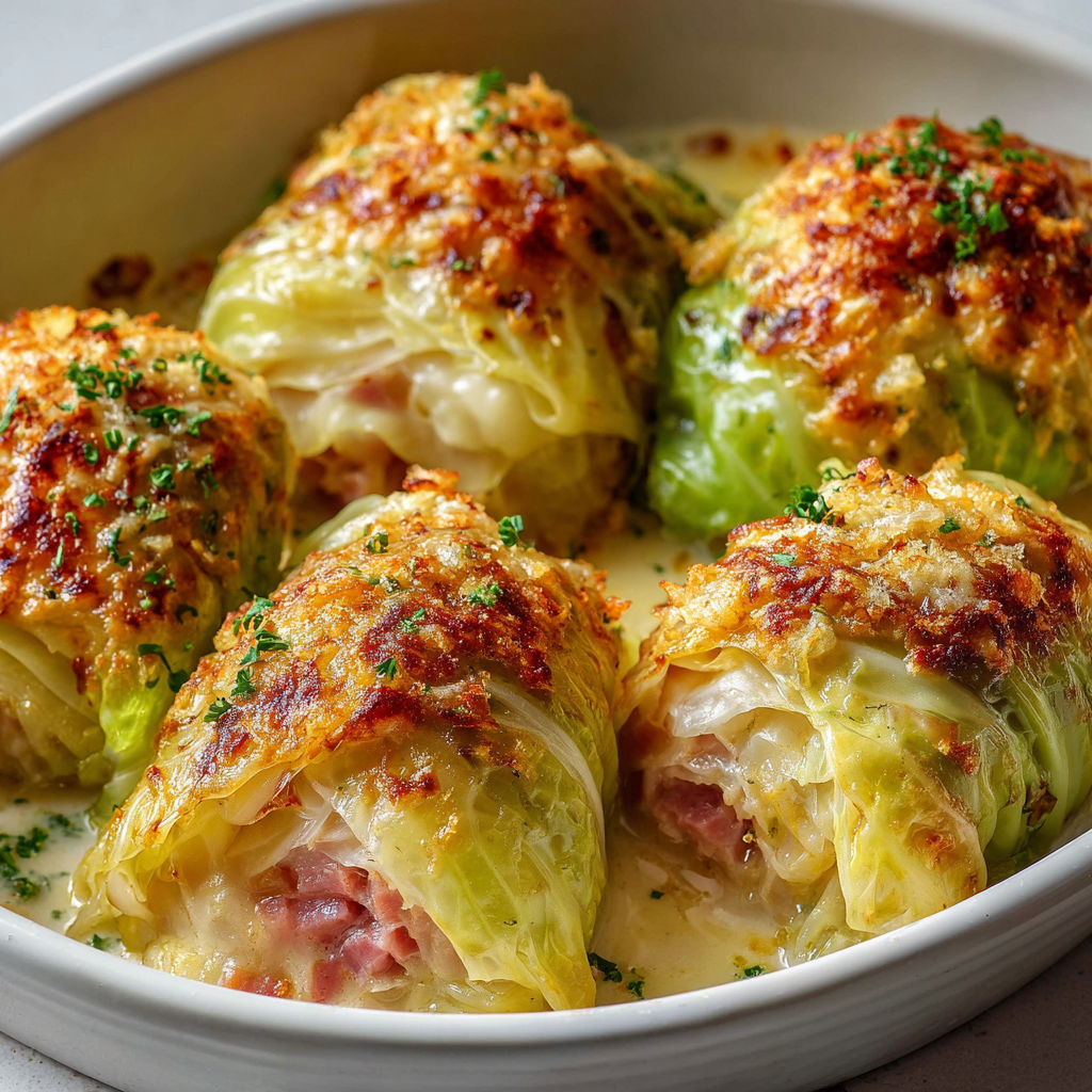 Une assiette de choux verts farcis recouverte de fromage gratiné, parfaite pour un repas réconfortant.