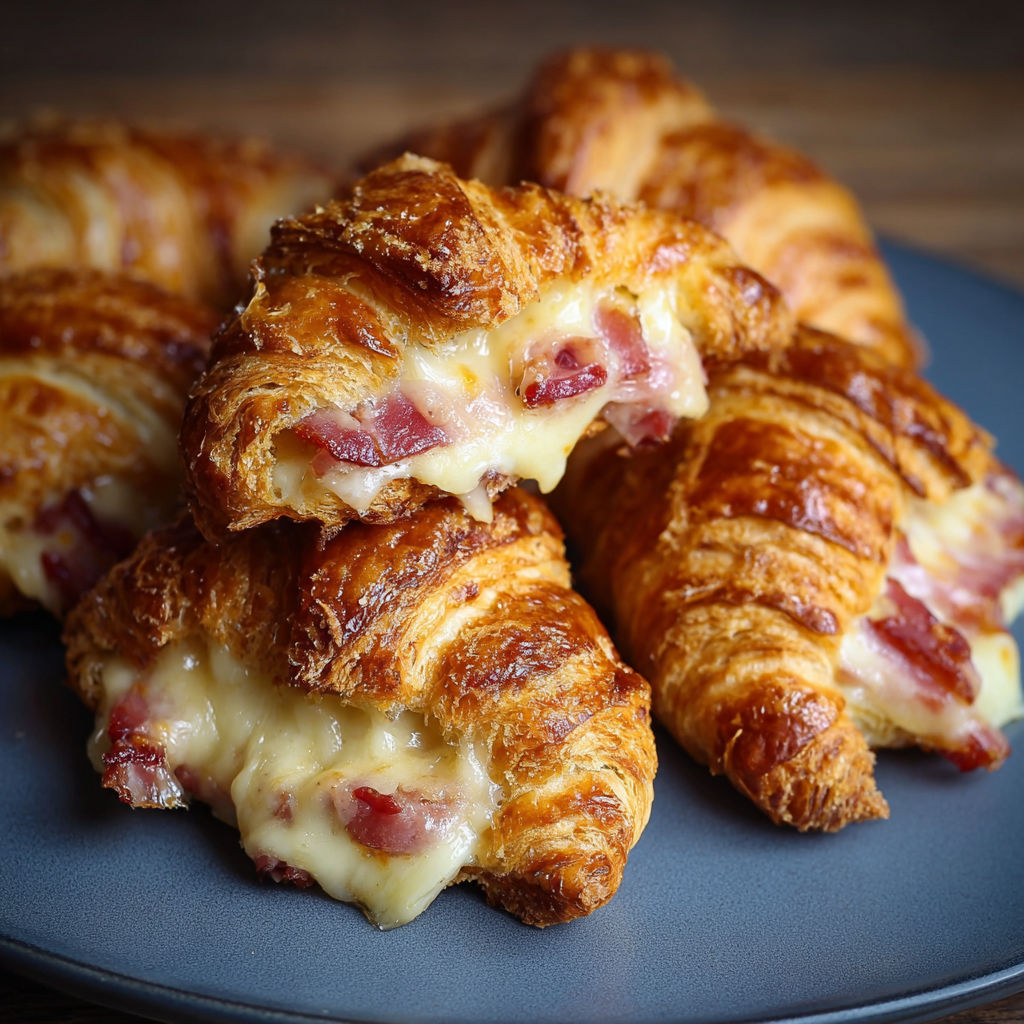 Plateau de croissants au fromage fondant et lardons dorés.