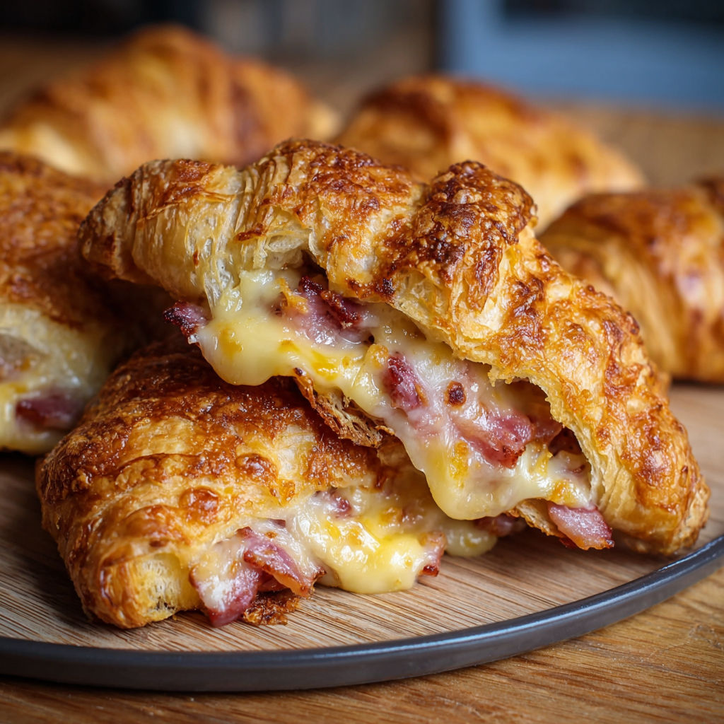 Des croissants tout chauds au fromage et bacon sur une planche en bois.