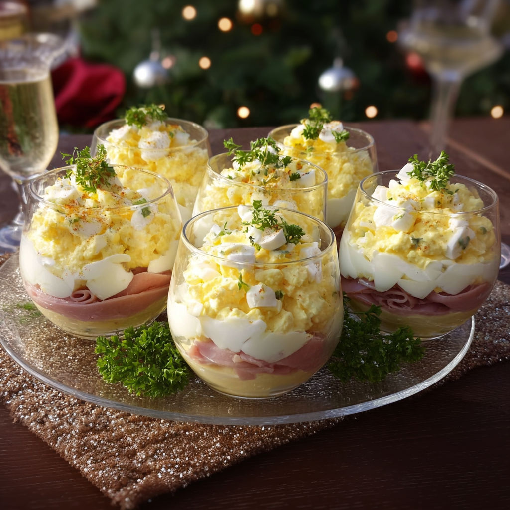 Des verrines aux œufs mimosa joliment préparées sur une table avec des coupes de champagne.