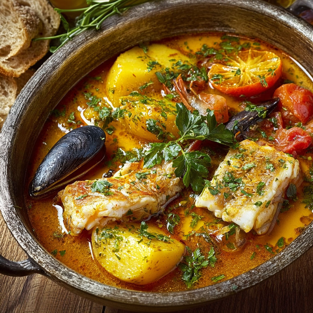 Plat de bouillabaisse avec légumes et poissons.