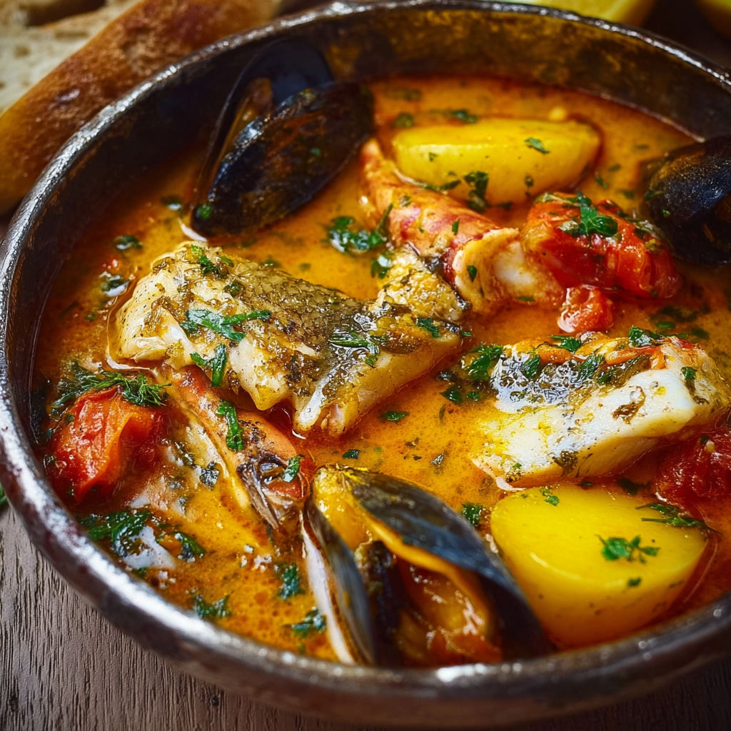 Une belle bouillabaisse garnie de moules, tomates, aubergines et pommes de terre.