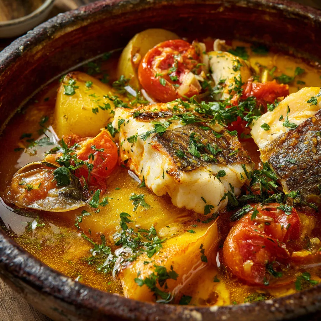 Un joli plat de poissons et légumes avec tomates, oignons et herbes fraîches.