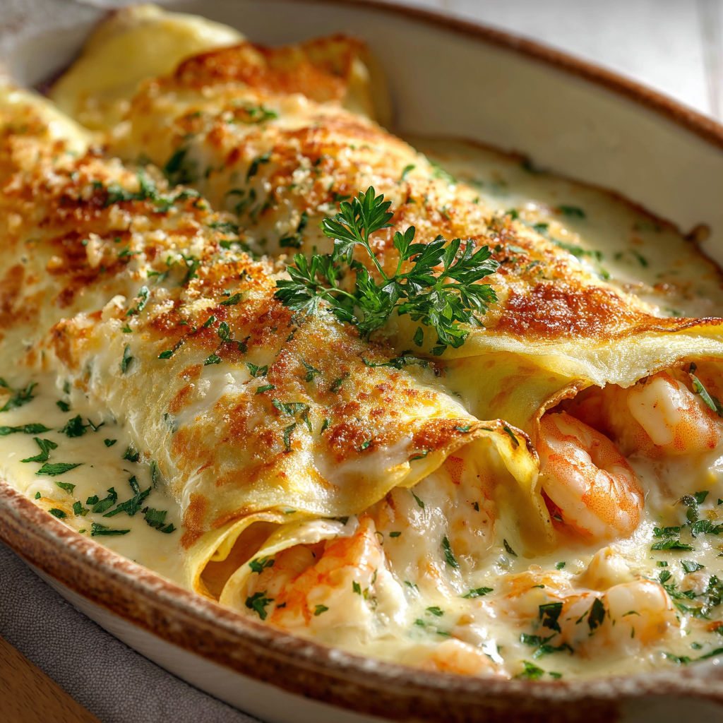 Crêpes garnies de fruits de mer, gratinées avec une sauce crémeuse.