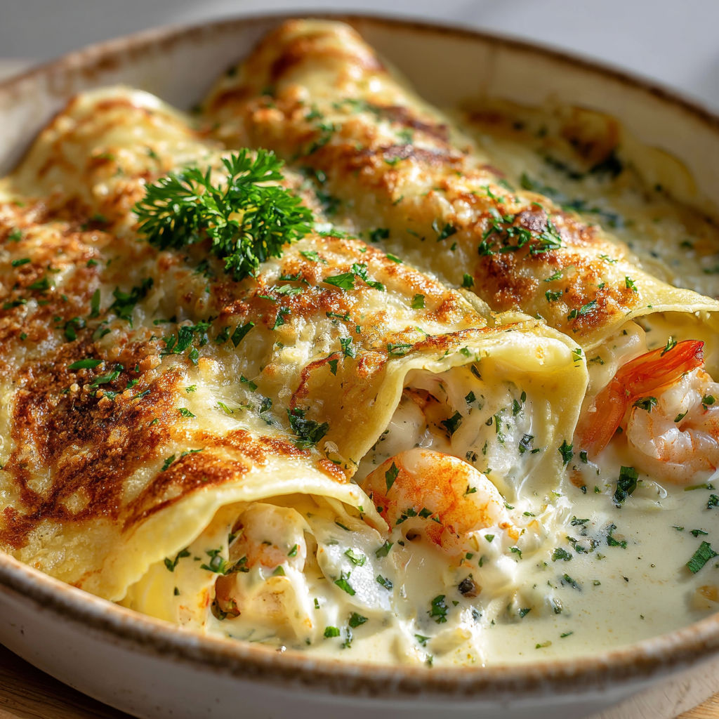 Crêpes gourmandes aux crevettes, moules et Saint-Jacques, nappées de sauce crémeuse gratinée.