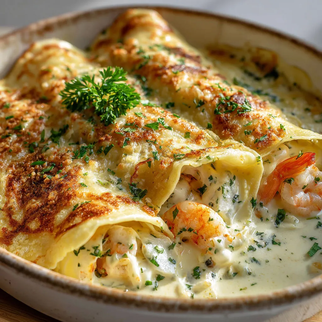Crêpes gourmandes aux crevettes, moules et Saint-Jacques, nappées de sauce crémeuse gratinée.