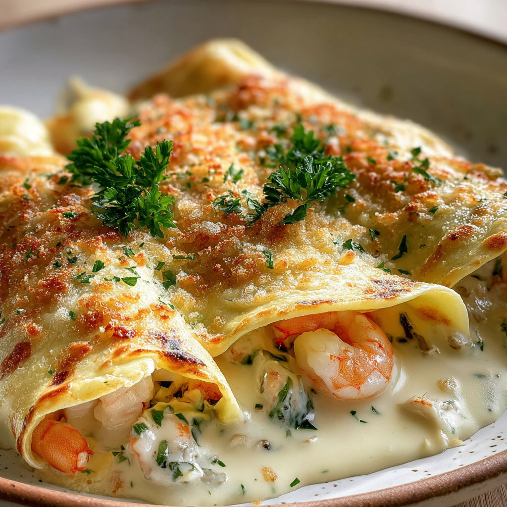 Crêpes roulées aux fruits de mer avec une sauce onctueuse et gratin de fromage bien doré.