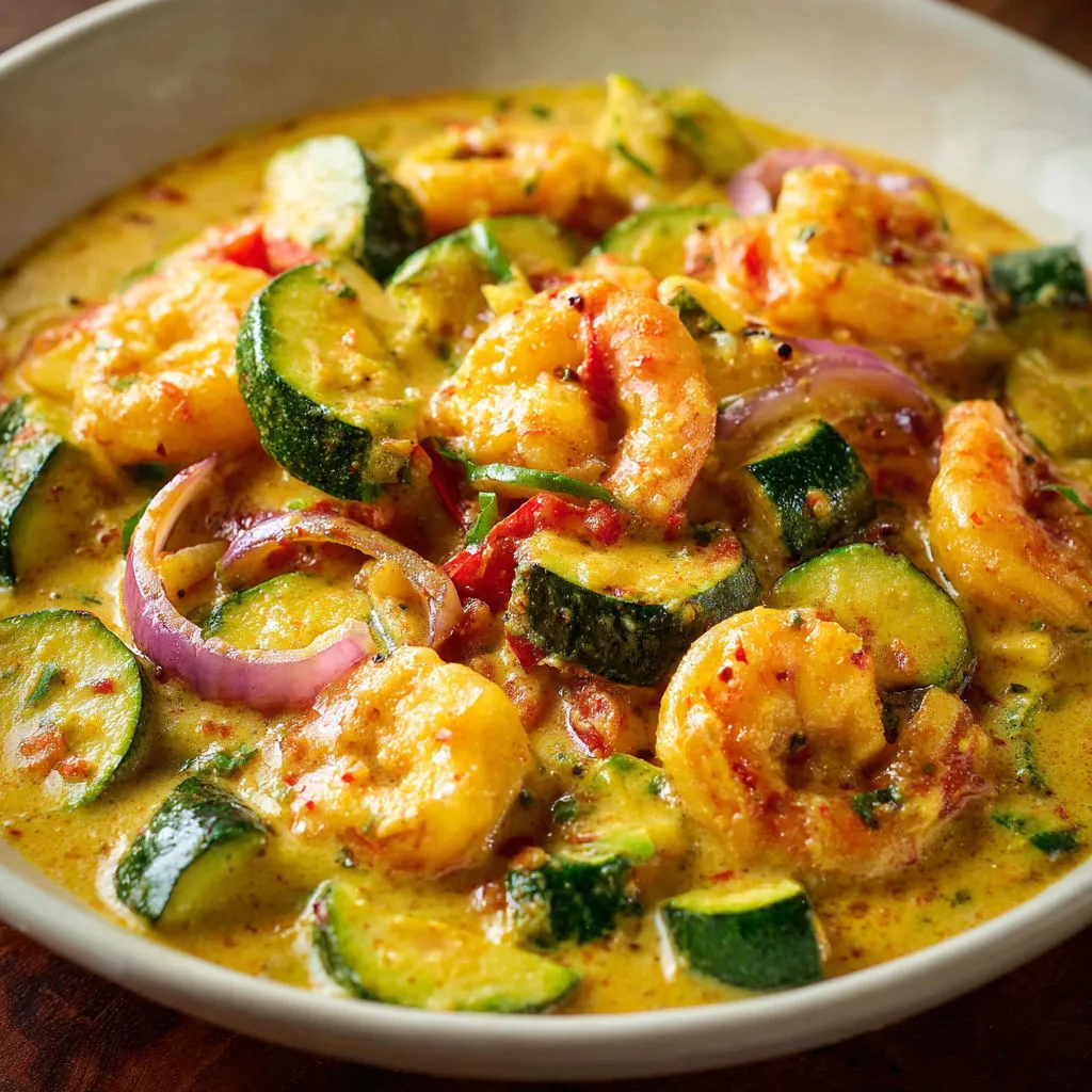 Un bol rempli de crevettes et légumes nappés d’une sauce coco.