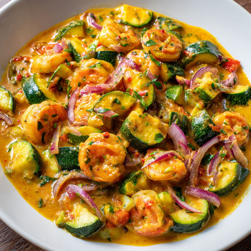 Des courgettes tendres et crevettes roses dans une sauce coco onctueuse.