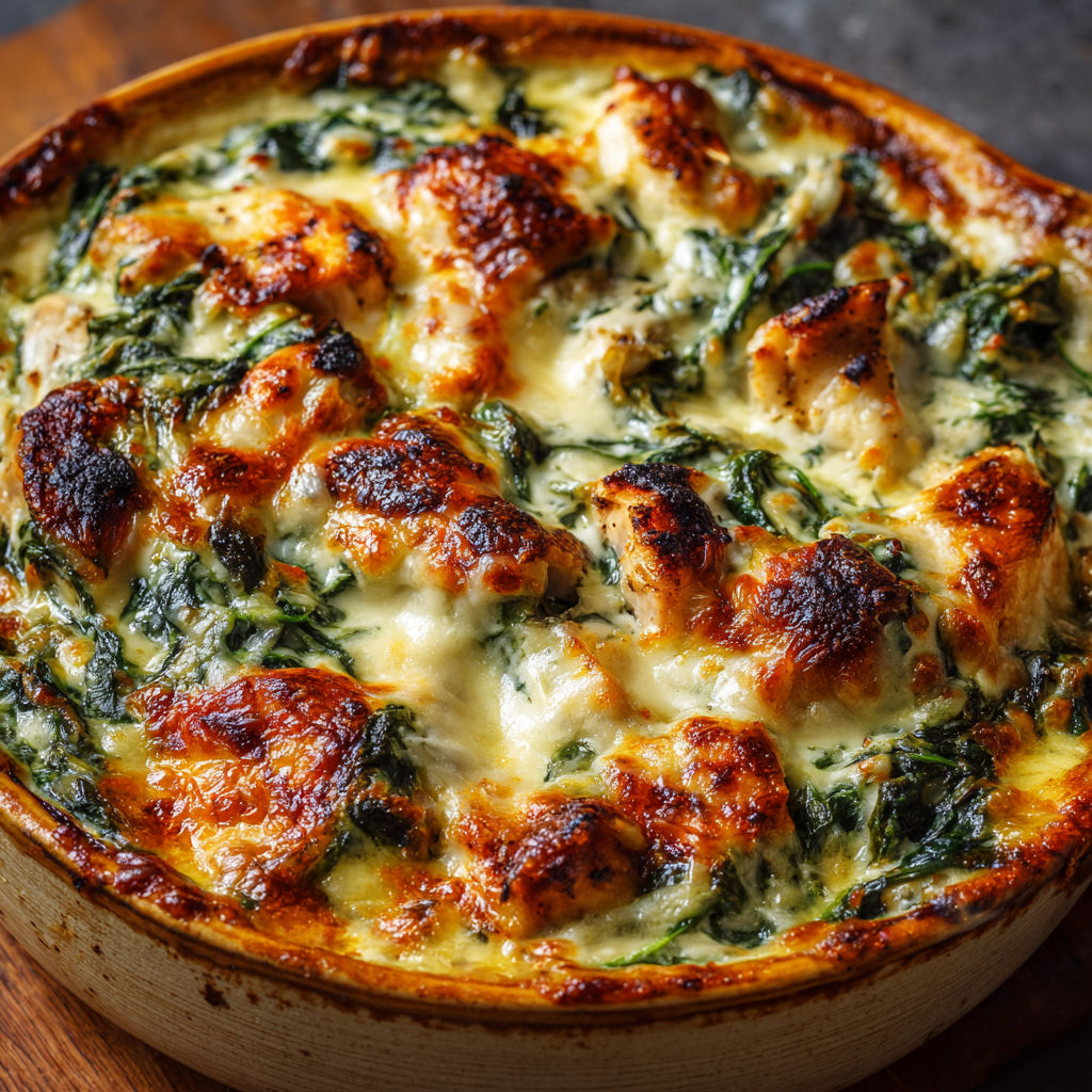 Un plat de poulet gratiné avec épinards et fromage doré.