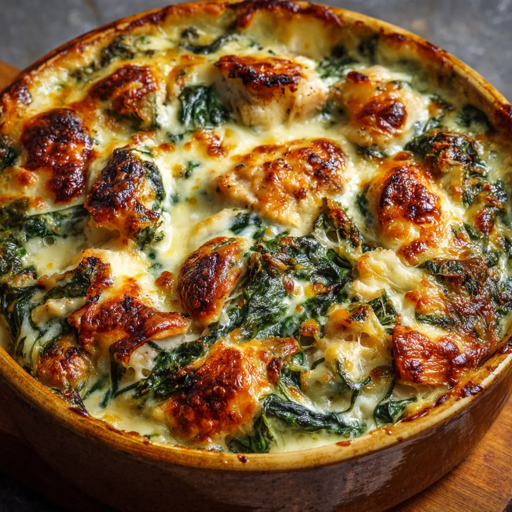 Plat gratiné avec poulet tendre, épinards et fromage doré