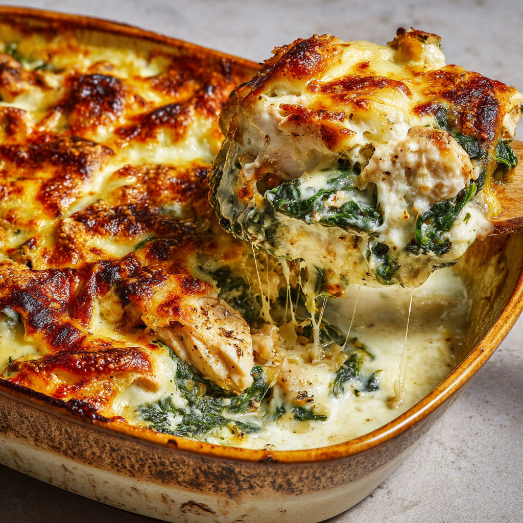 Plat gratiné avec poulet, épinards et fromage bien fondant