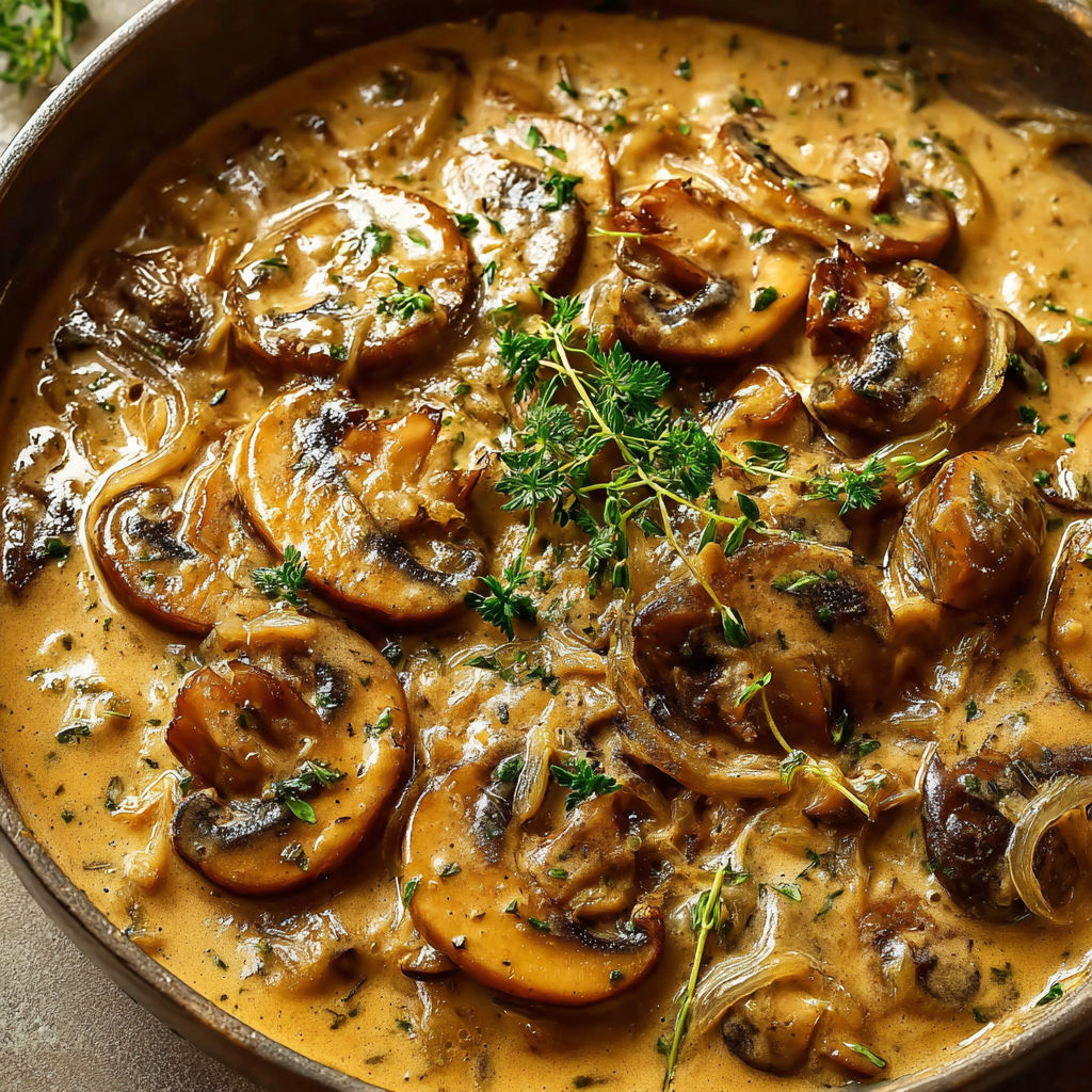 Une casserole remplie de sauce chasseur onctueuse, servie dans un bol en métal doré.