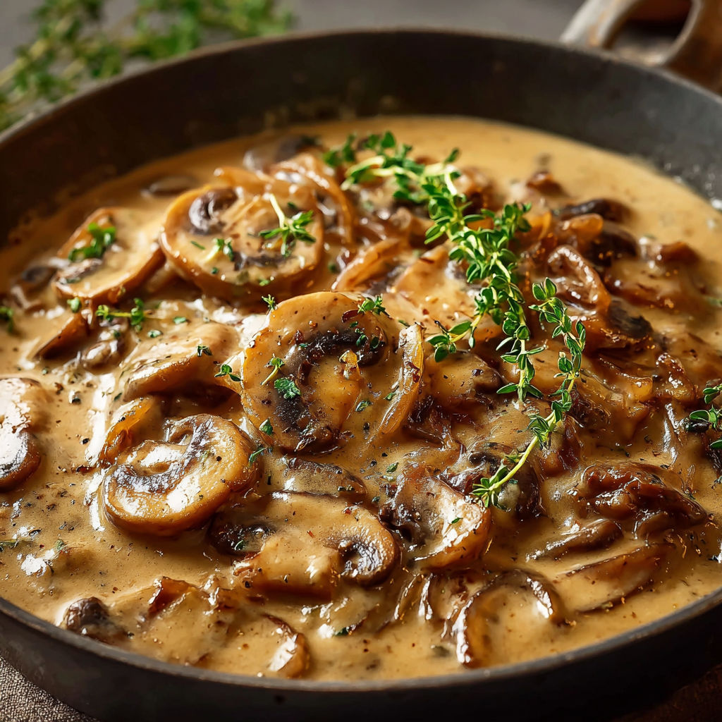 Champignons et herbes mijotent dans une casserole en fonte.