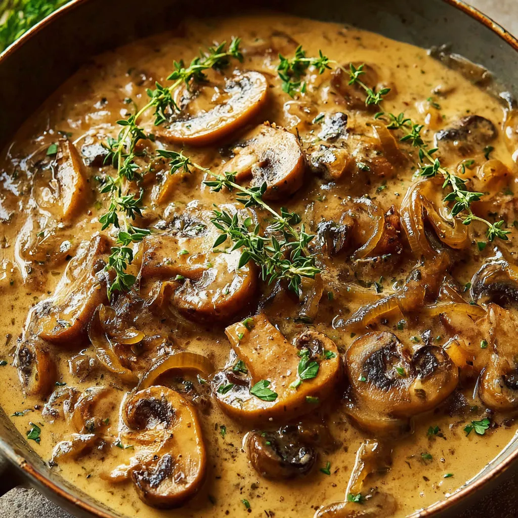 Une casserolle remplie de sauce chasseur à la Forêt-Noire servie dans un bol en métal.