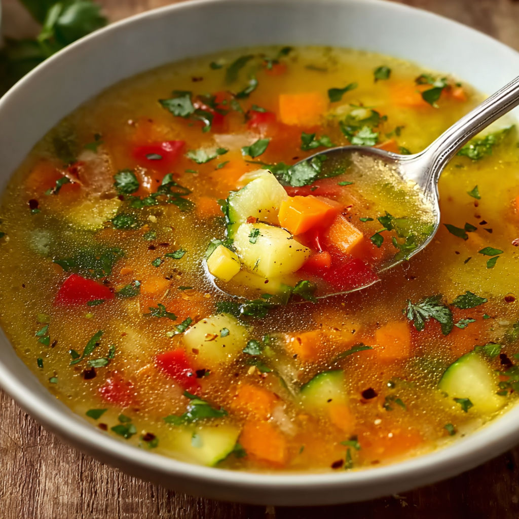 Un bol de velouté de légumes rapide sur une table, prêt à servir.