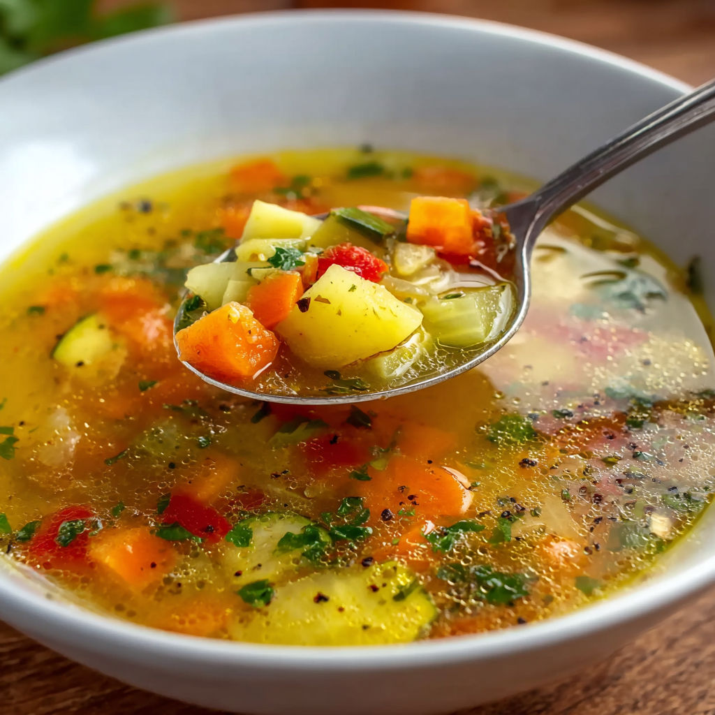 Une soupe fumante servie dans un bol en verre, avec une cuillère argent à côté.