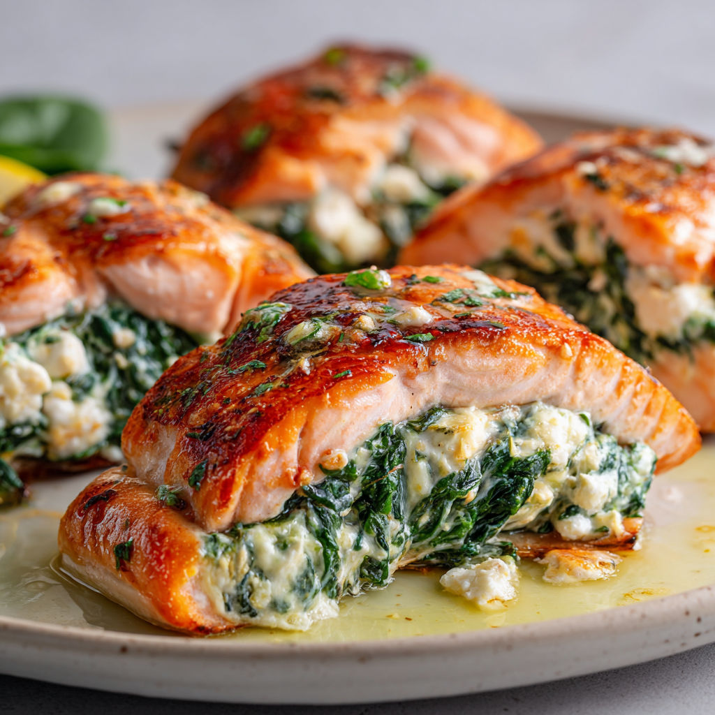 Pavés de saumon dorés accompagnés de légumes verts et d’herbes fraîches.