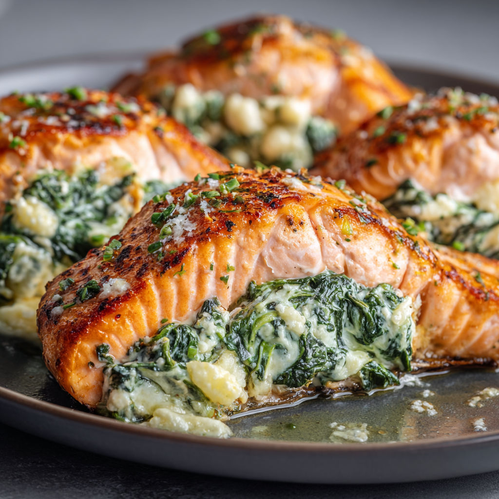 Pavés de saumon dorés accompagnés de légumes verts et d’herbes fraîches.