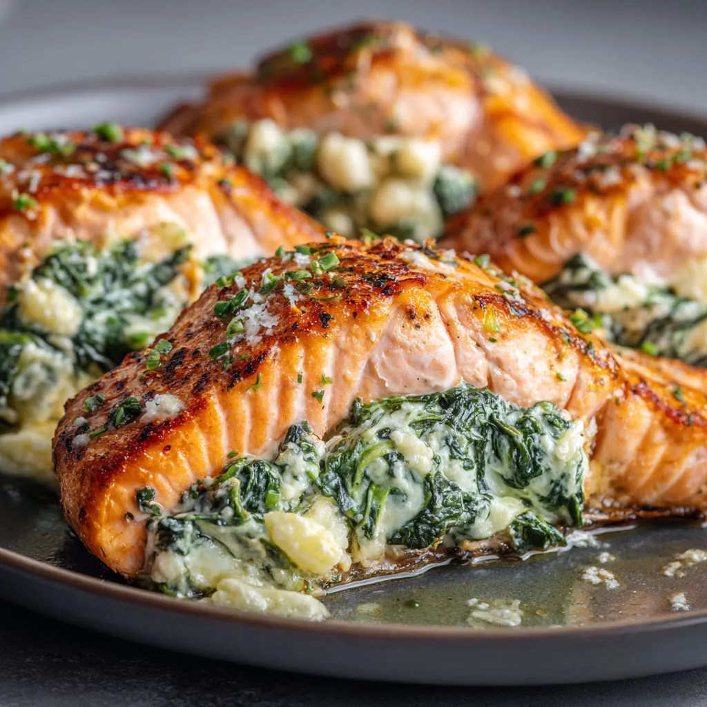 Pavés de saumon dorés accompagnés de légumes verts et d’herbes fraîches.