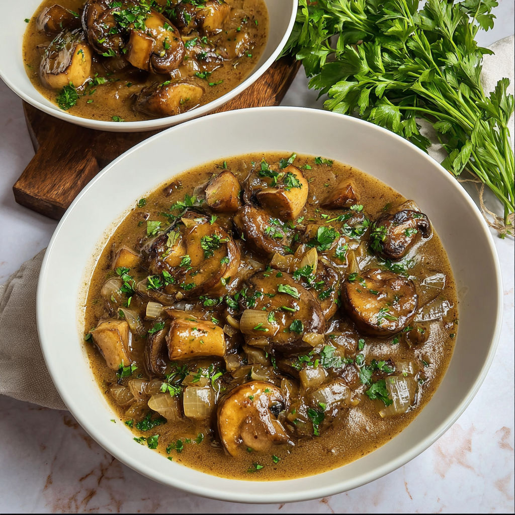 Des champignons en sauce servis dans une assiette.