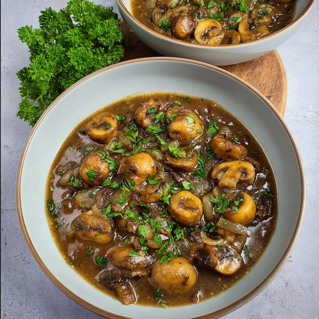 Un bouillon de champignons versé dans deux assiettes bien chaudes.