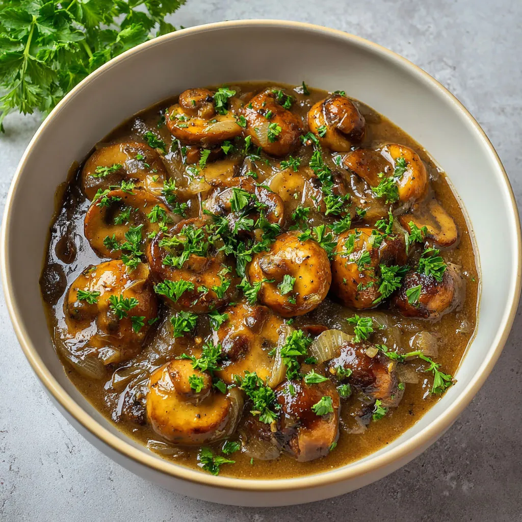Une soupe de champignons et de légumes avec des herbes bien fraîches dans un bol.