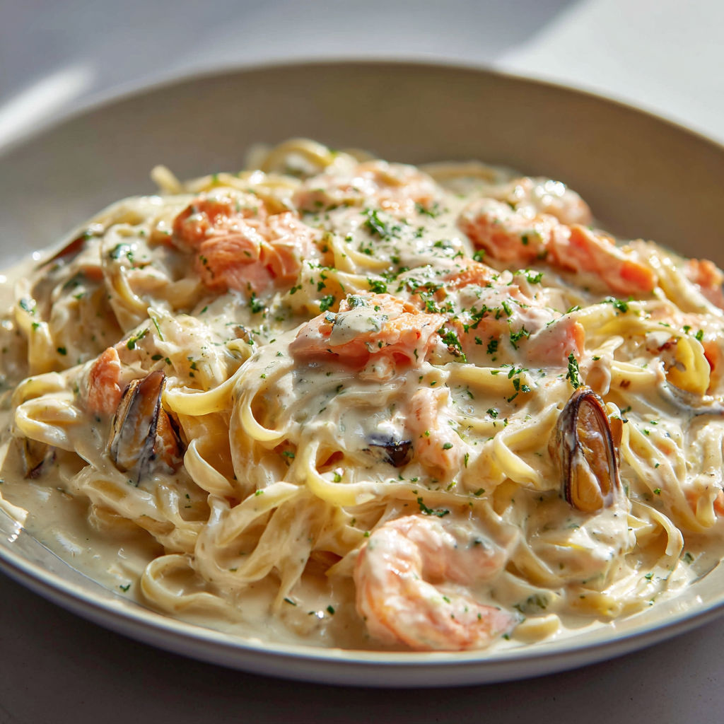 Plat de pâtes gourmande aux fruits de mer et truite fumée.