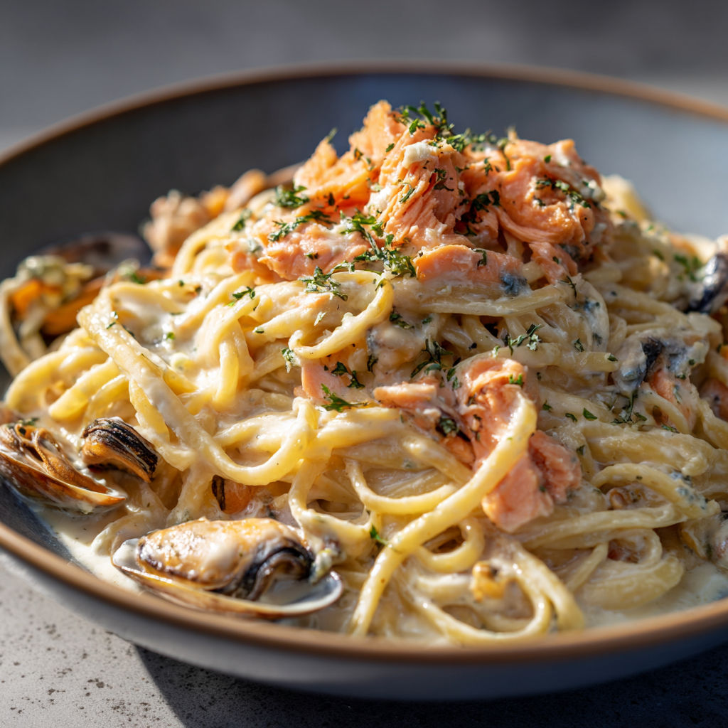 Délice frais avec truite fumée et fruits de mer.