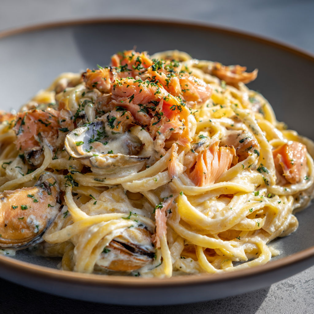 Tagliatelles crémeuses à la truite fumée et saveurs marines.
