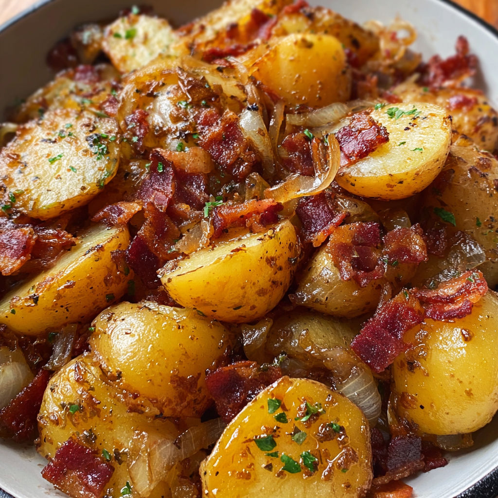 Assiette de pommes de terre dorées avec oignons et lardons, accompagnée de salade.