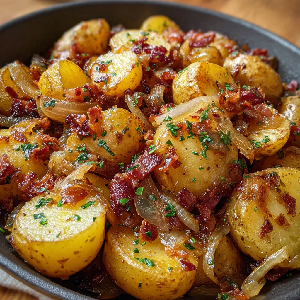 Une poêlée de pommes de terre sautées, oignons et lardons avec une petite sauce tomate à côté.