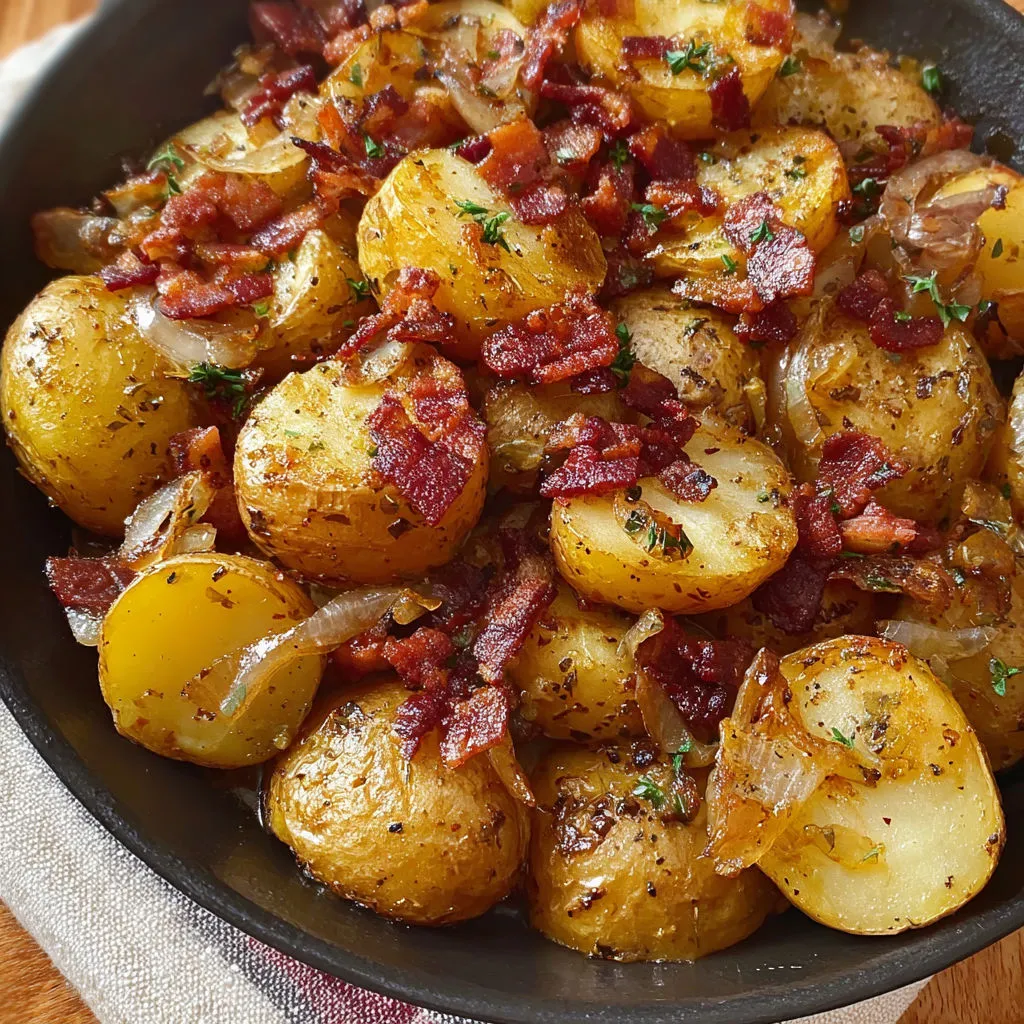 Une assiette de pommes de terre dorées aux oignons et lardons, arrosée d'une sauce au bacon à côté.