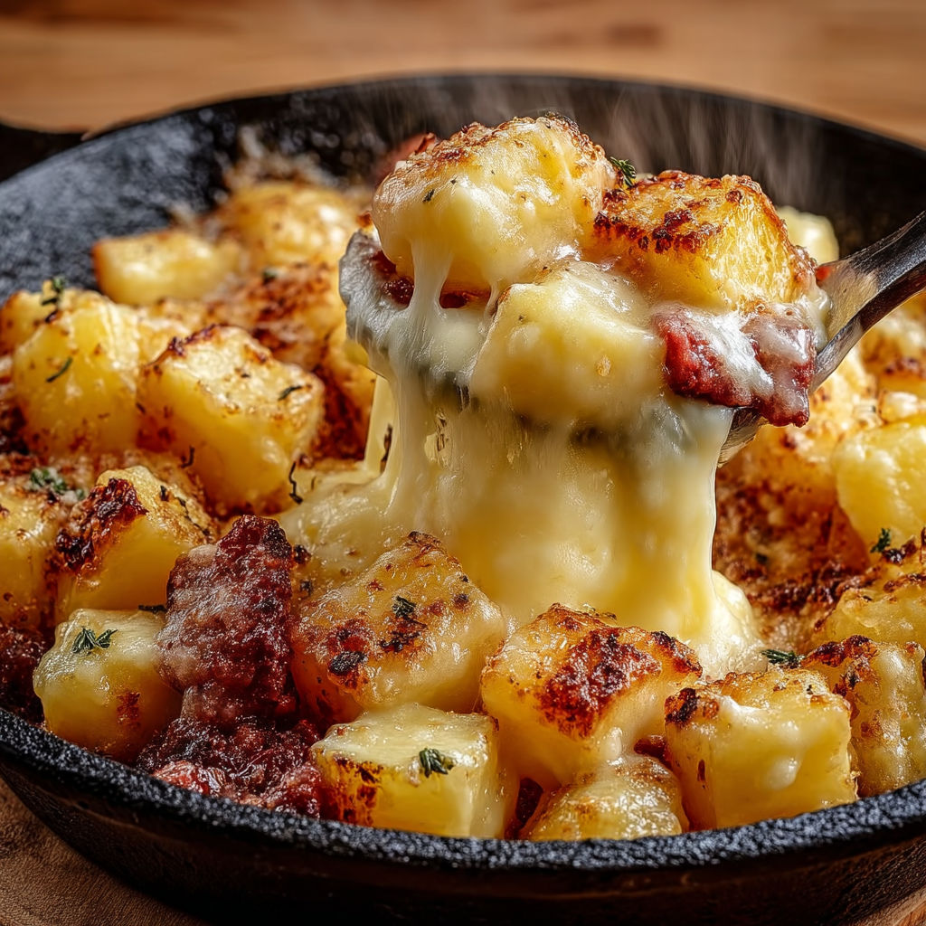 Un plat généreux de truffade au cantal dans une poêle en fonte.