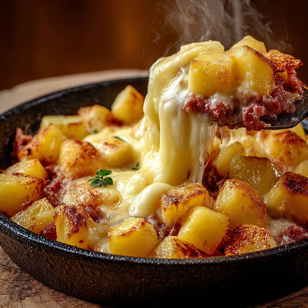 Un plat de truffade bien fondue servi dans une cocotte en fonte.
