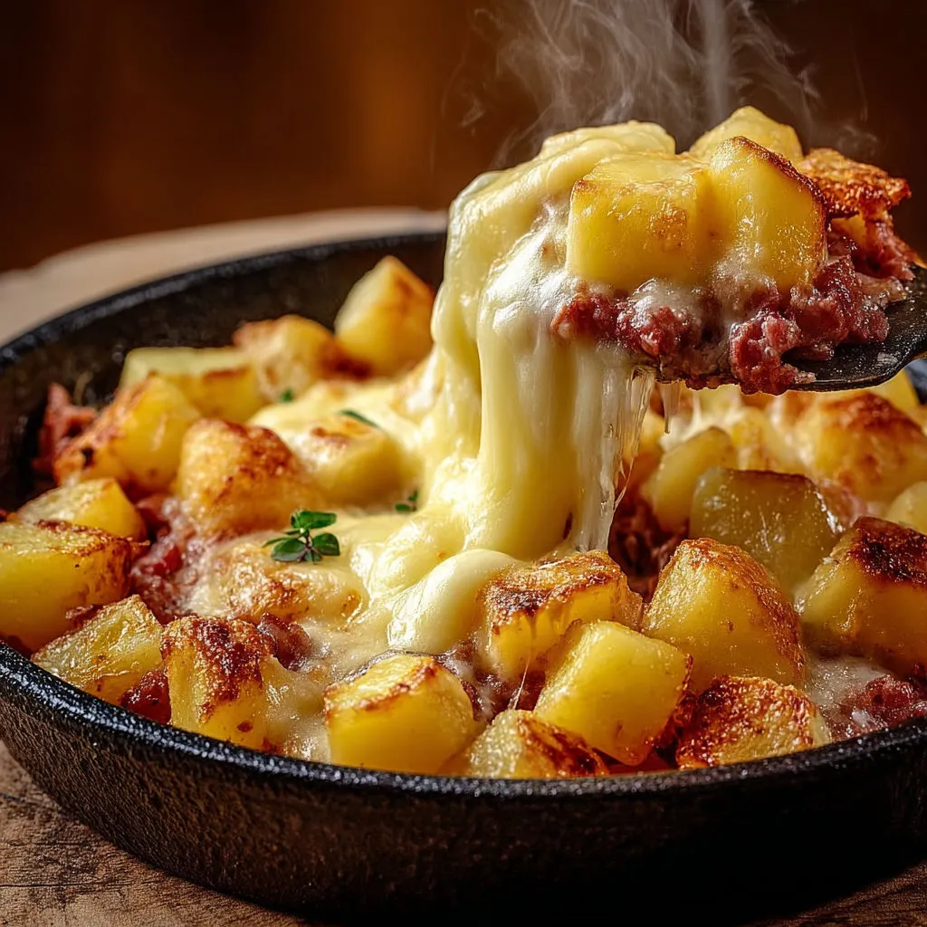 Un plat de truffade bien fondue servi dans une cocotte en fonte.