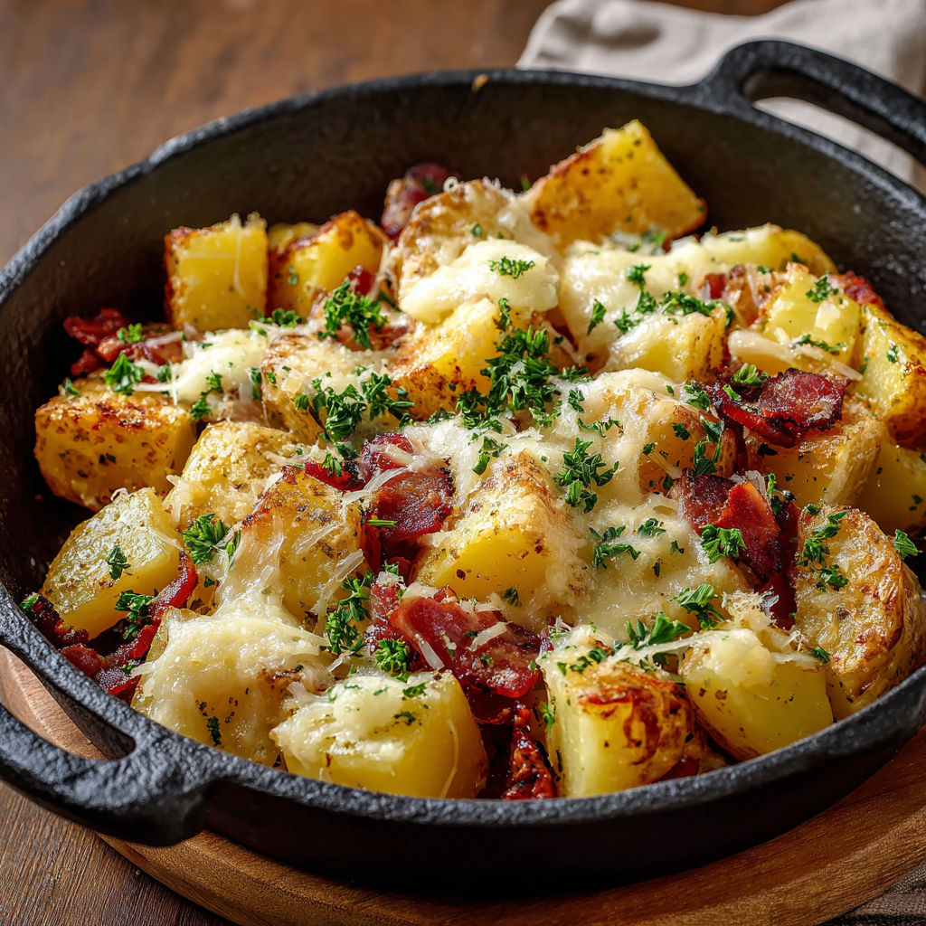 Truffade au cantal pleine de gourmandise servie dans sa cocotte noire.