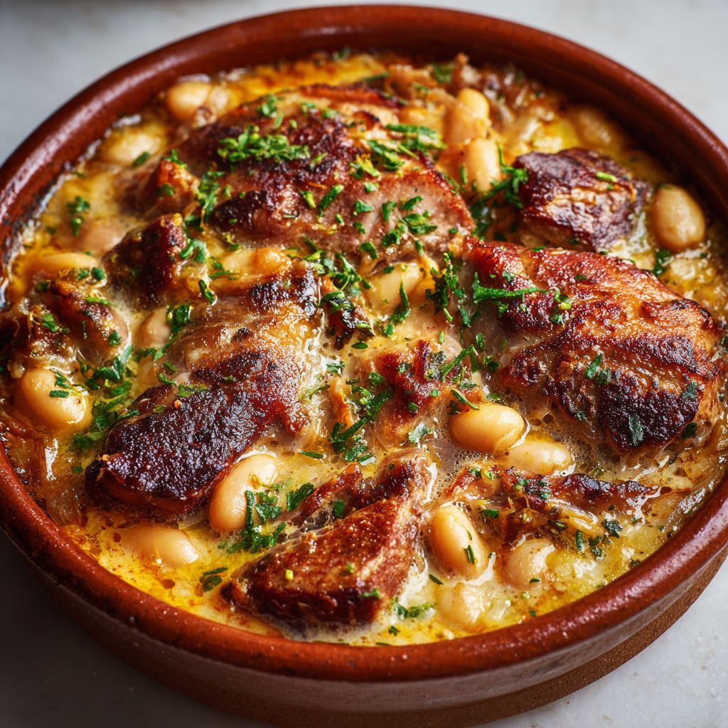 Cassoulet traditionnel mijoté et gratiné au four.