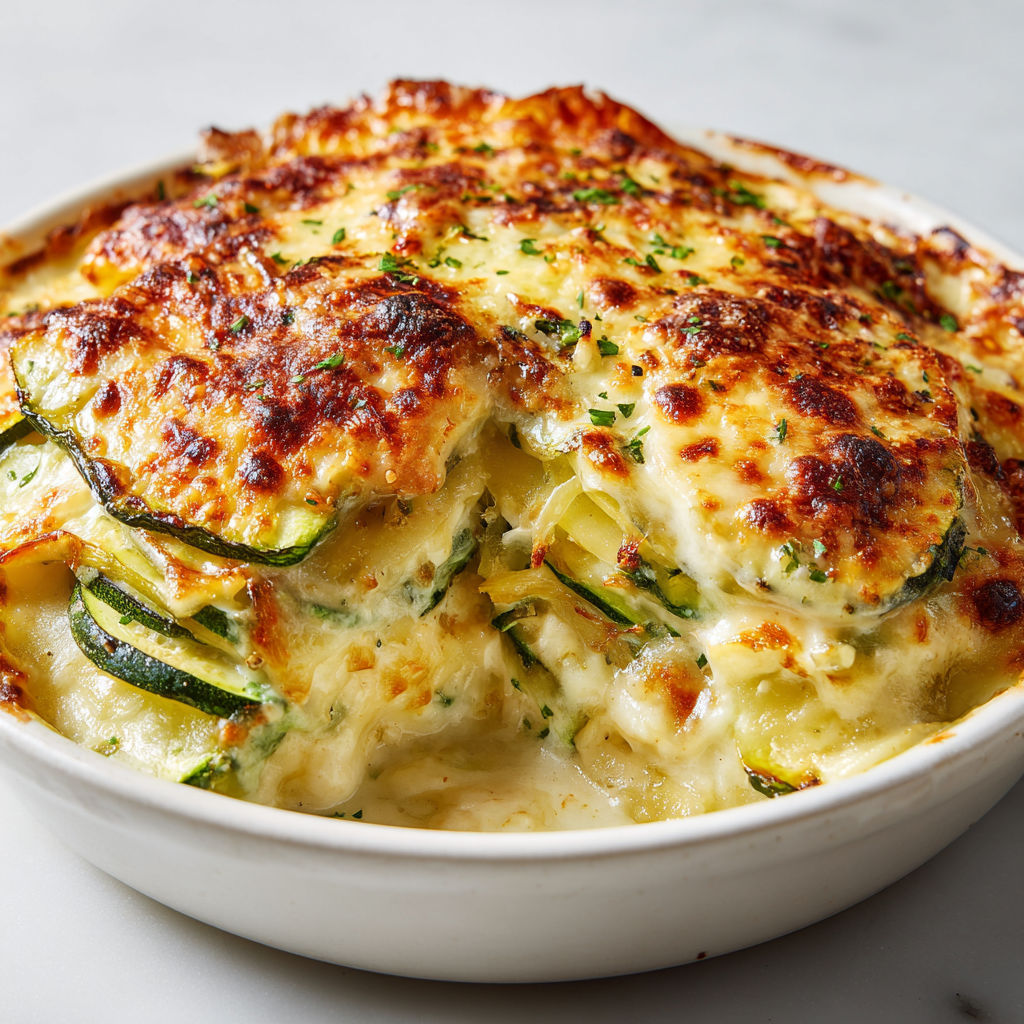 Un délicieux gratin servi avec des courgettes et assaisonné d'herbes sur une table blanche.