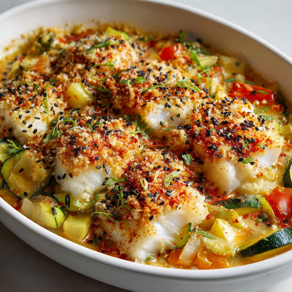 Gratin ensoleillé de courgettes et poisson aux herbes