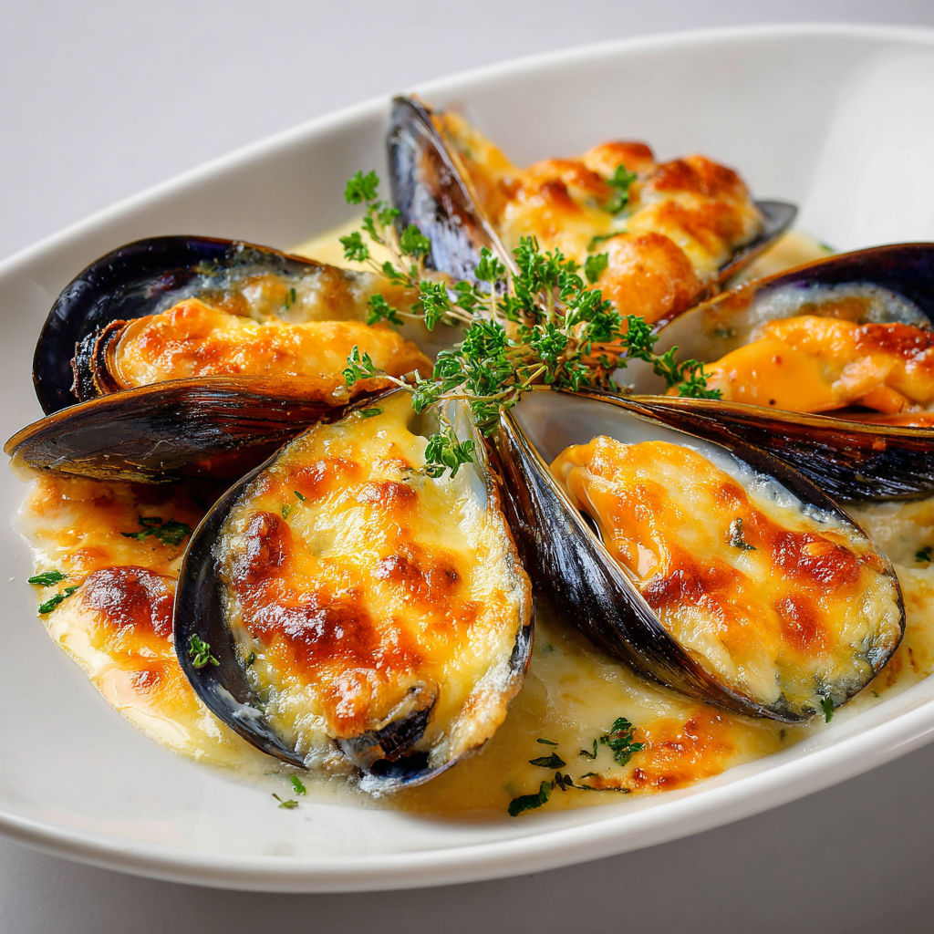 Moules avec crème onctueuse et fromage doré.