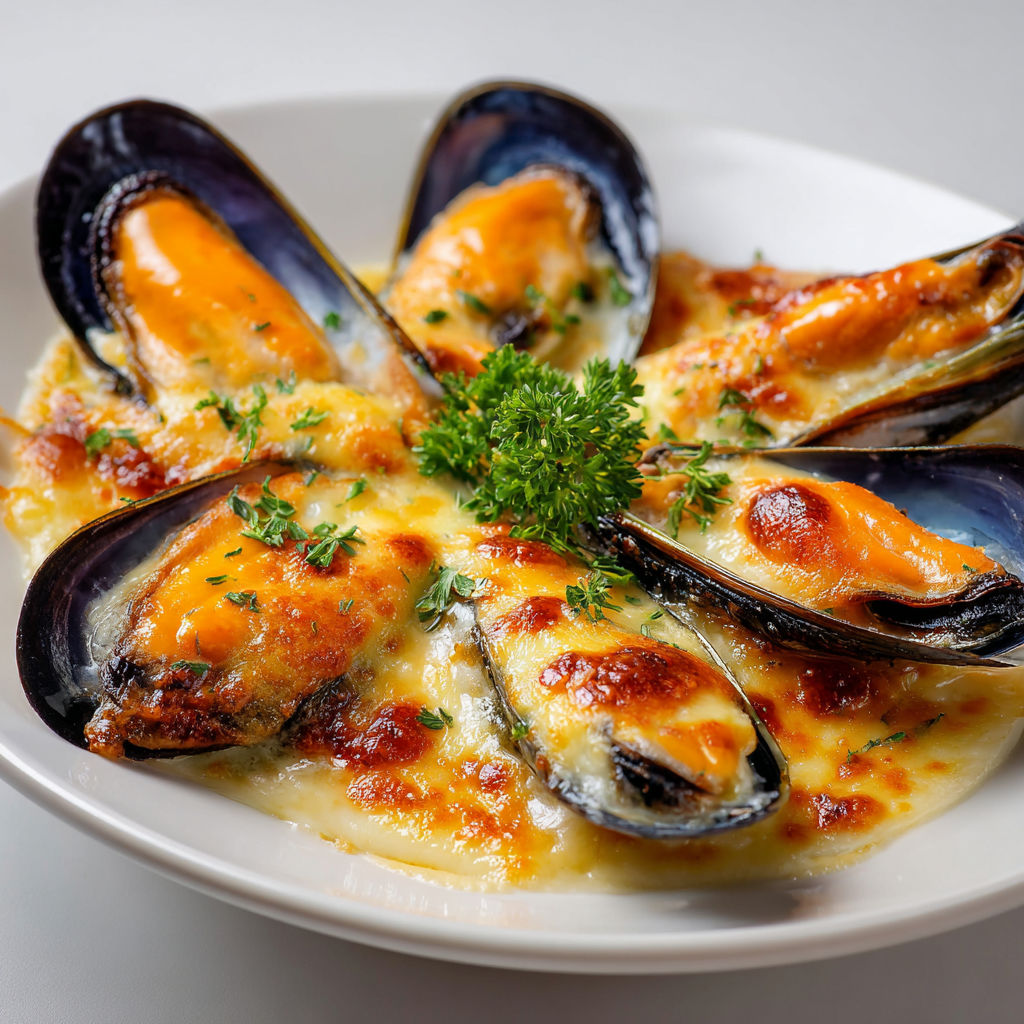 Gratin de moules, crème onctueuse et fromage doré