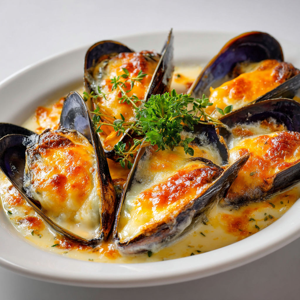 Moules dorées au four, sauce crémeuse et fromage fondant