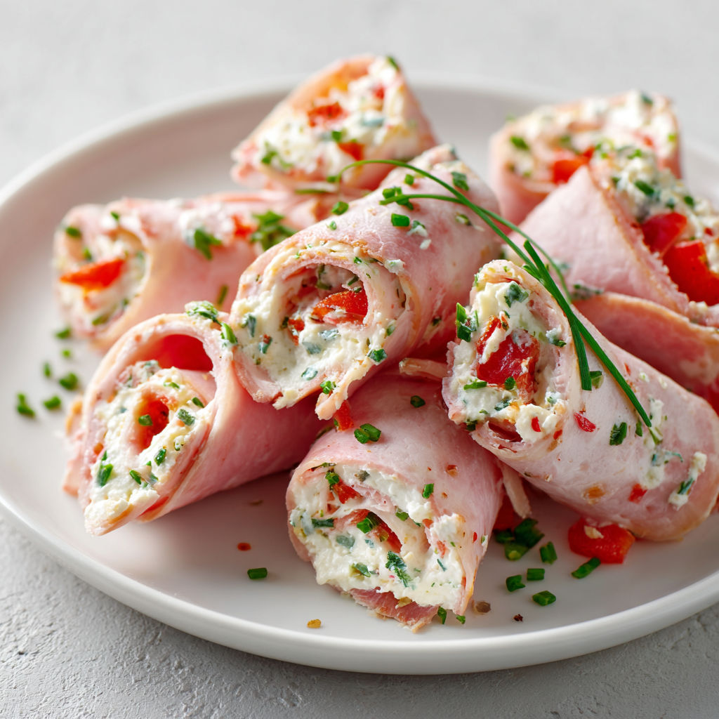 Délicieux roulés de jambon fromage frais garnis d’herbes.
