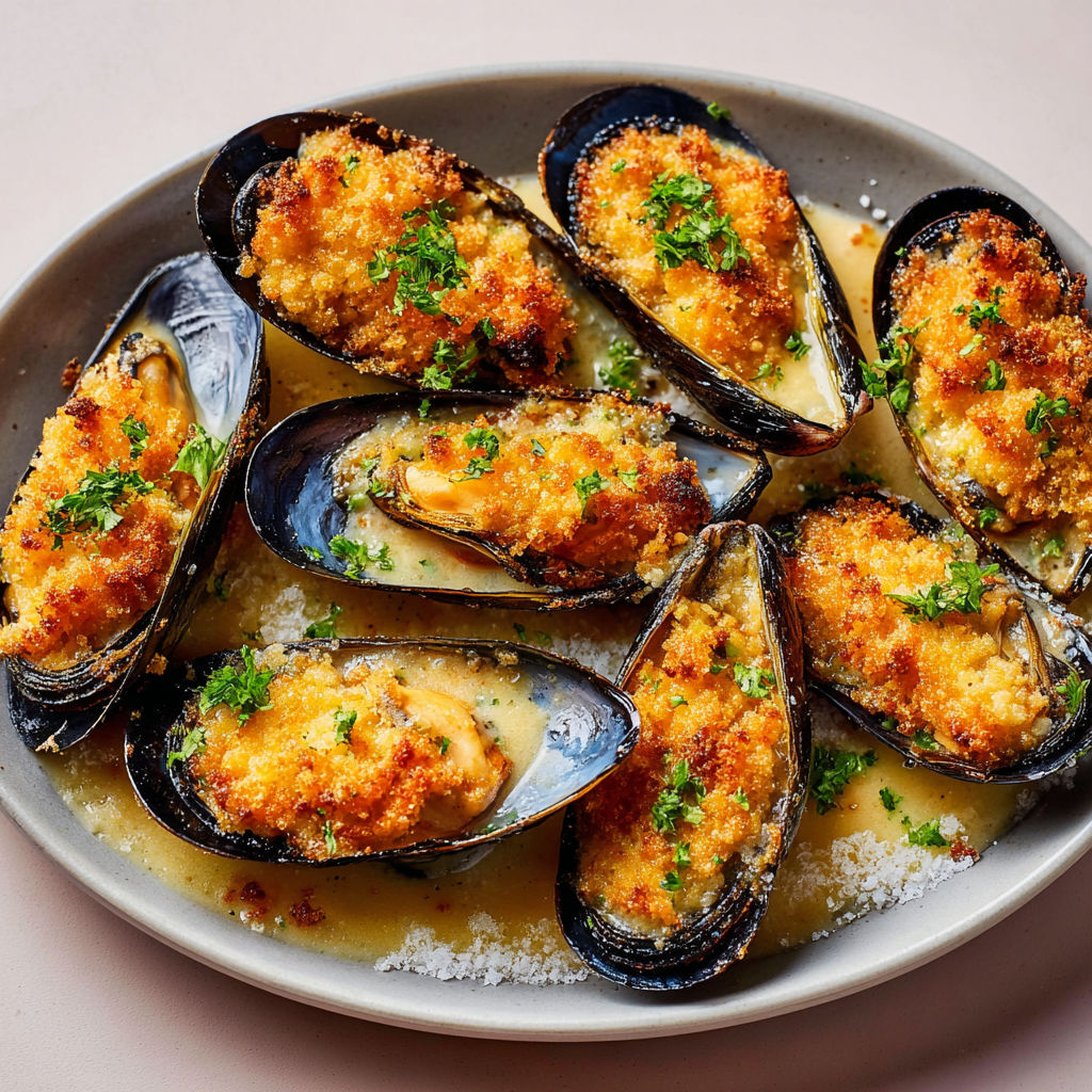 Moules gratinées au parmesan toutes croustillantes.