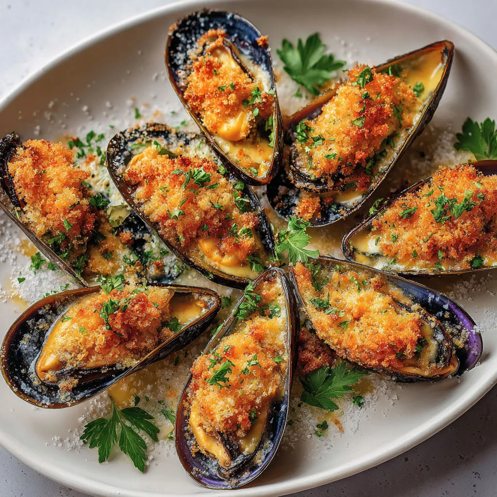 Moules dorées au beurre persillé et chapelure, un vrai plaisir.